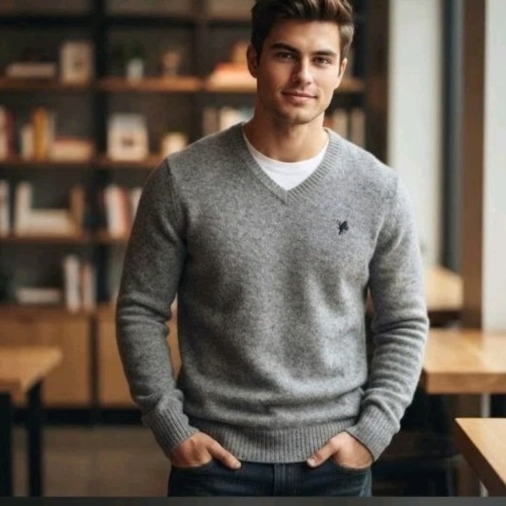 Express Mens Gray V-Neck Sweater Size Small 100% Lambswool Long Sleeve Pullover